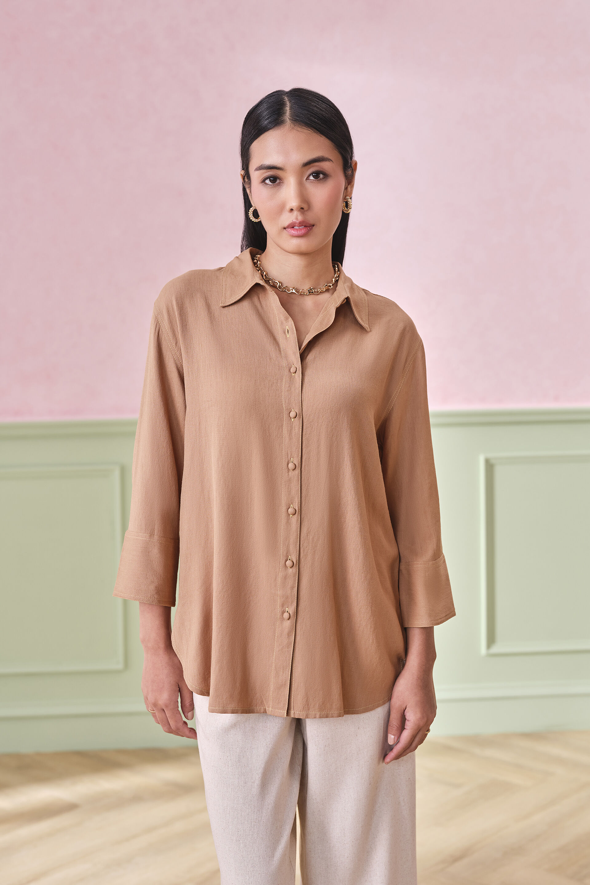 Hazelwood Flare Rayon Blend Shirt, Brown, image 1
